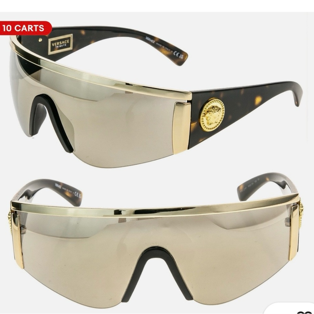 Versace Shield Sunglasses with Brown Gradient Lenses and Gold Trim - Picture 5 of 6